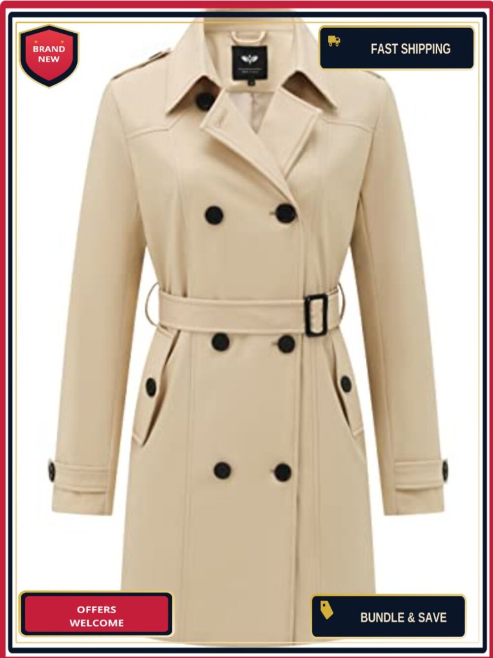 Women's Double-Breasted Trench Coat Windproof Fully Lined Removable Belt